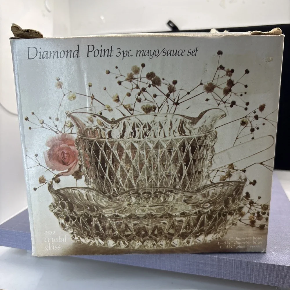 VINTAGE INDIANA GLASS‎ DIAMOND POINT 3 PC MAYO SAUCE SET IN THE BOX